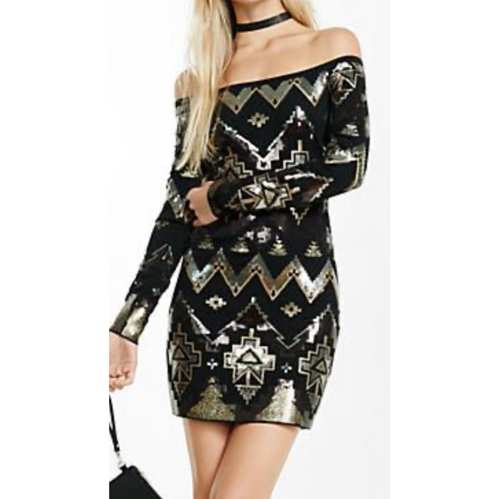Women's Express Black Gold Sequin Off Shoulder Mini Dress XS